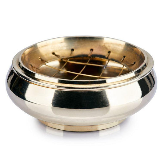 Brass Incense Charcoal Burner with Grill and Wood Coaster (detached)